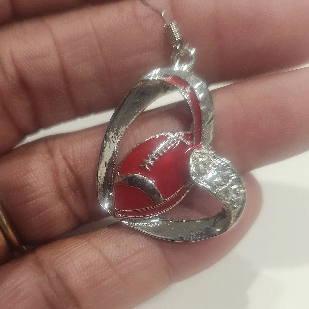 Heart Football Earrings Dangle Drop Silver‎ Tone Red Rhinestone Game Day